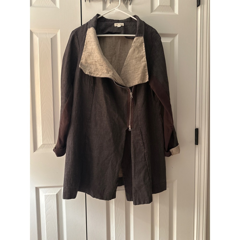 Neesh by DAR Womens XL Coated Linen Asymmetric Zip Front Coat Jacket Charcoal